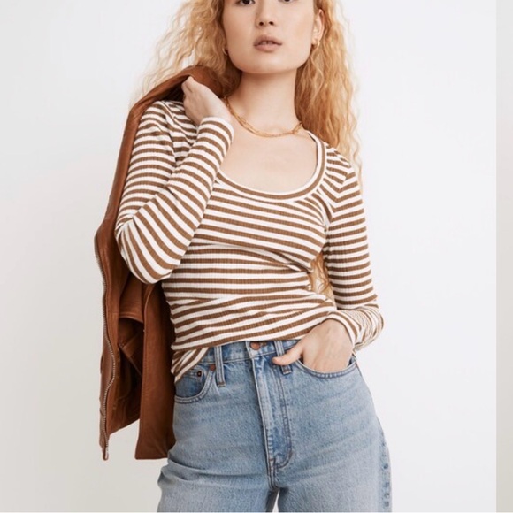 Madewell Tops - Madewell Pointelle Square-Scoop Tee Weathered Olive Striped Ribbed Shirt Medium